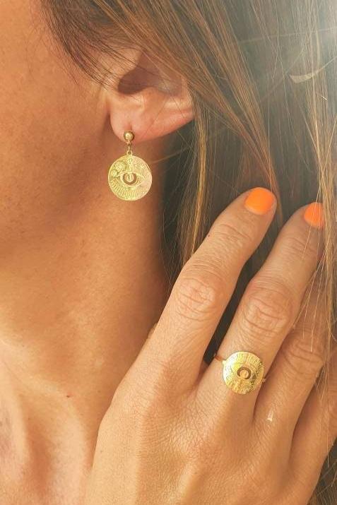 Boucles d'Oreilles Talisman Soleil et Œil - Pendentifs, Couleur Or, Protection, Acier Inoxydable - AlbertineAndTheSun