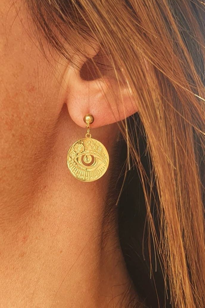 Boucles d'Oreilles Talisman Soleil et Œil - Pendentifs, Couleur Or, Protection, Acier Inoxydable - AlbertineAndTheSun