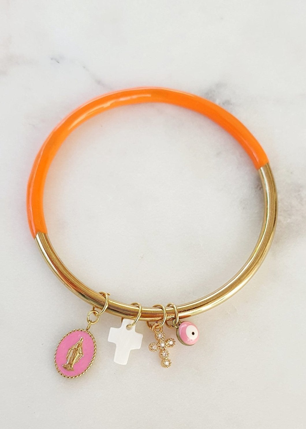 Jonc de Couleur et Doré avec Pendentif Madone, Croix, Œil en Acier Inoxydable - Grigris Religieux Protecteur - AlbertineAndTheSun