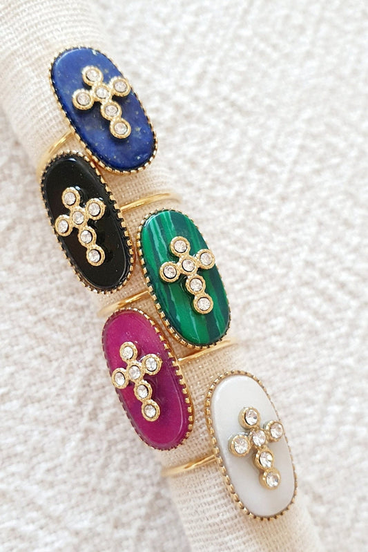 Bague Croix Strass réglable en Acier Inoxydable - Jade Blanc, Agathe Noire, Améthyste, Malachite, Lapis Lazuli - AlbertineAndTheSun