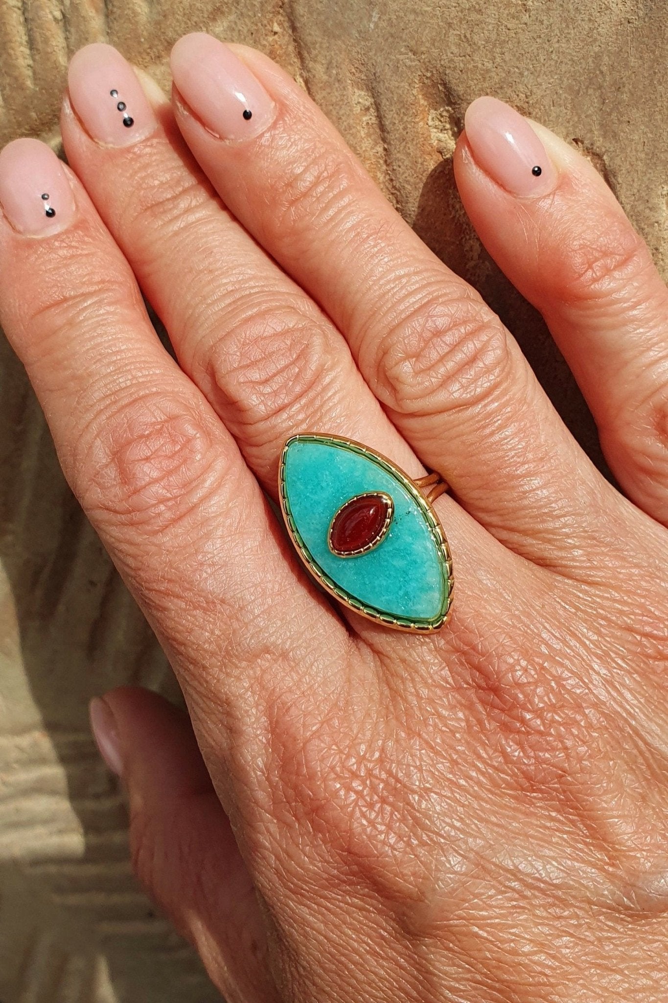 Bague Paros avec Œil - Dorée et Turquoise, Réglable, Acier Inoxydable de Haute Qualité - AlbertineAndTheSun
