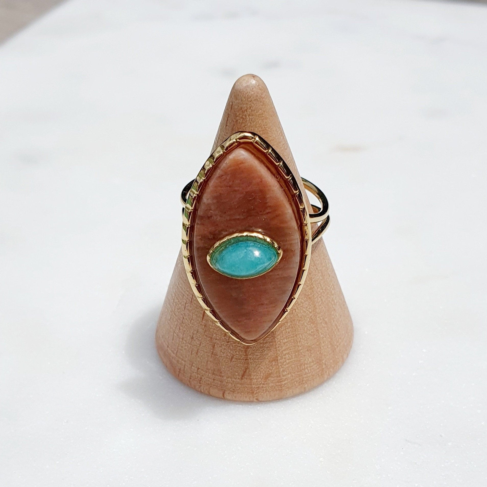 Bague Paros avec Œil - Dorée et Turquoise, Réglable, Acier Inoxydable de Haute Qualité - AlbertineAndTheSun