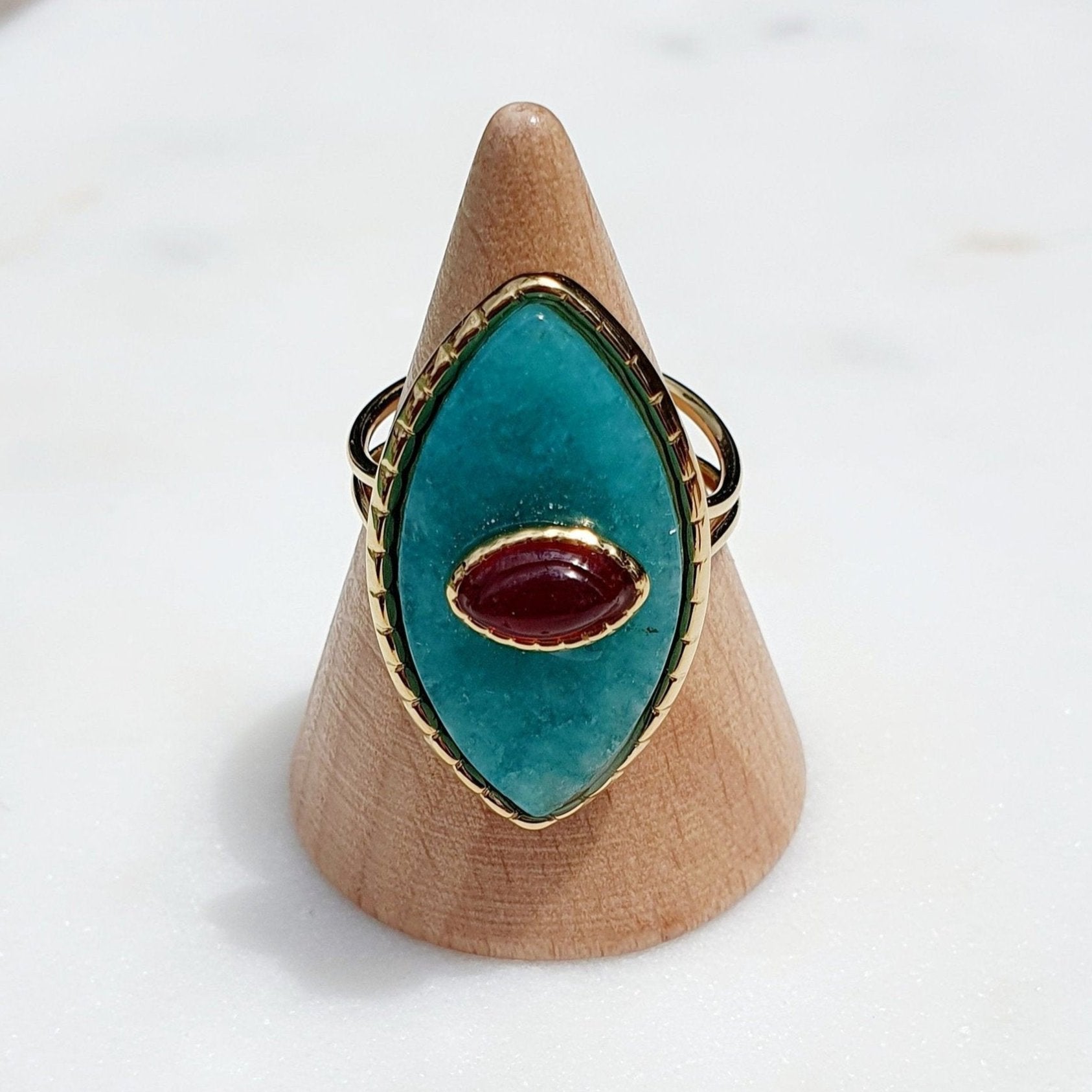 Bague Paros avec Œil - Dorée et Turquoise, Réglable, Acier Inoxydable de Haute Qualité - AlbertineAndTheSun