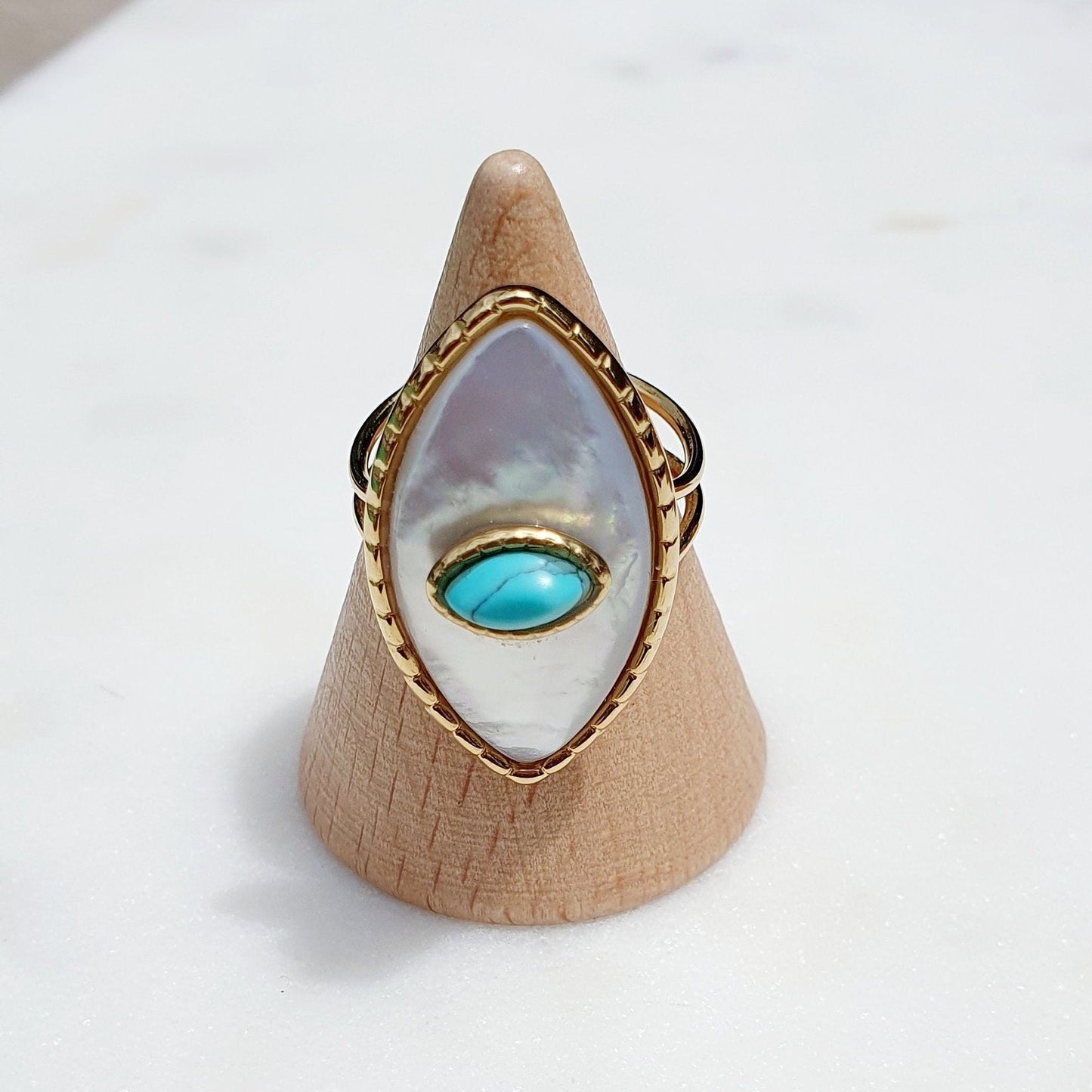Bague Paros avec Œil - Dorée et Turquoise, Réglable, Acier Inoxydable de Haute Qualité - AlbertineAndTheSun