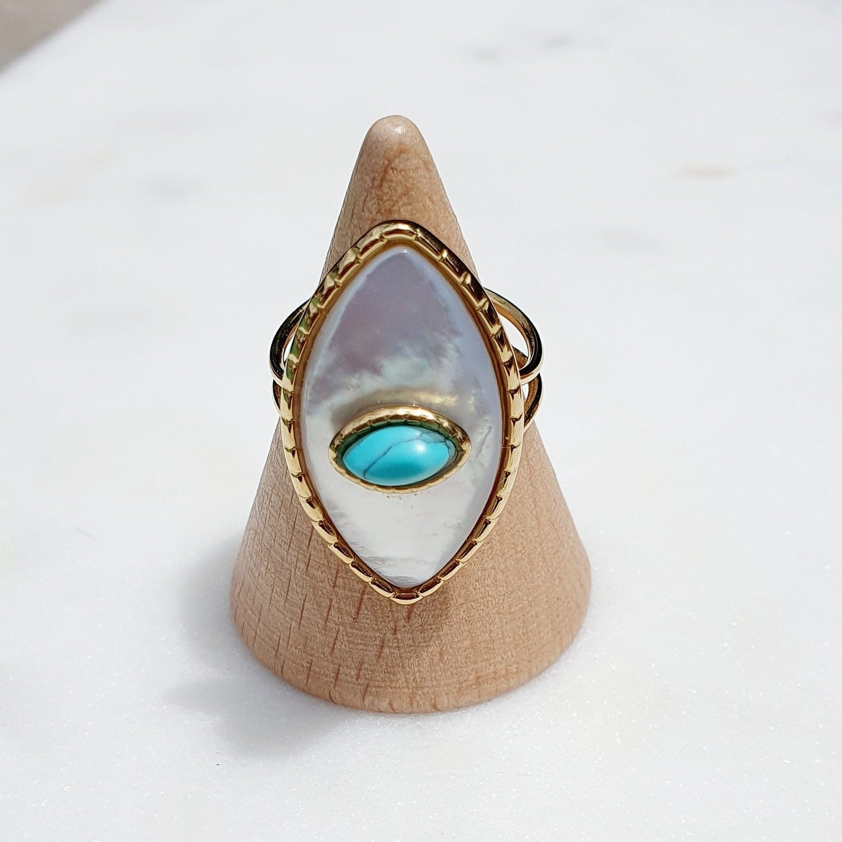 Bague Paros avec Œil - Dorée et Turquoise, Réglable, Acier Inoxydable de Haute Qualité - AlbertineAndTheSun