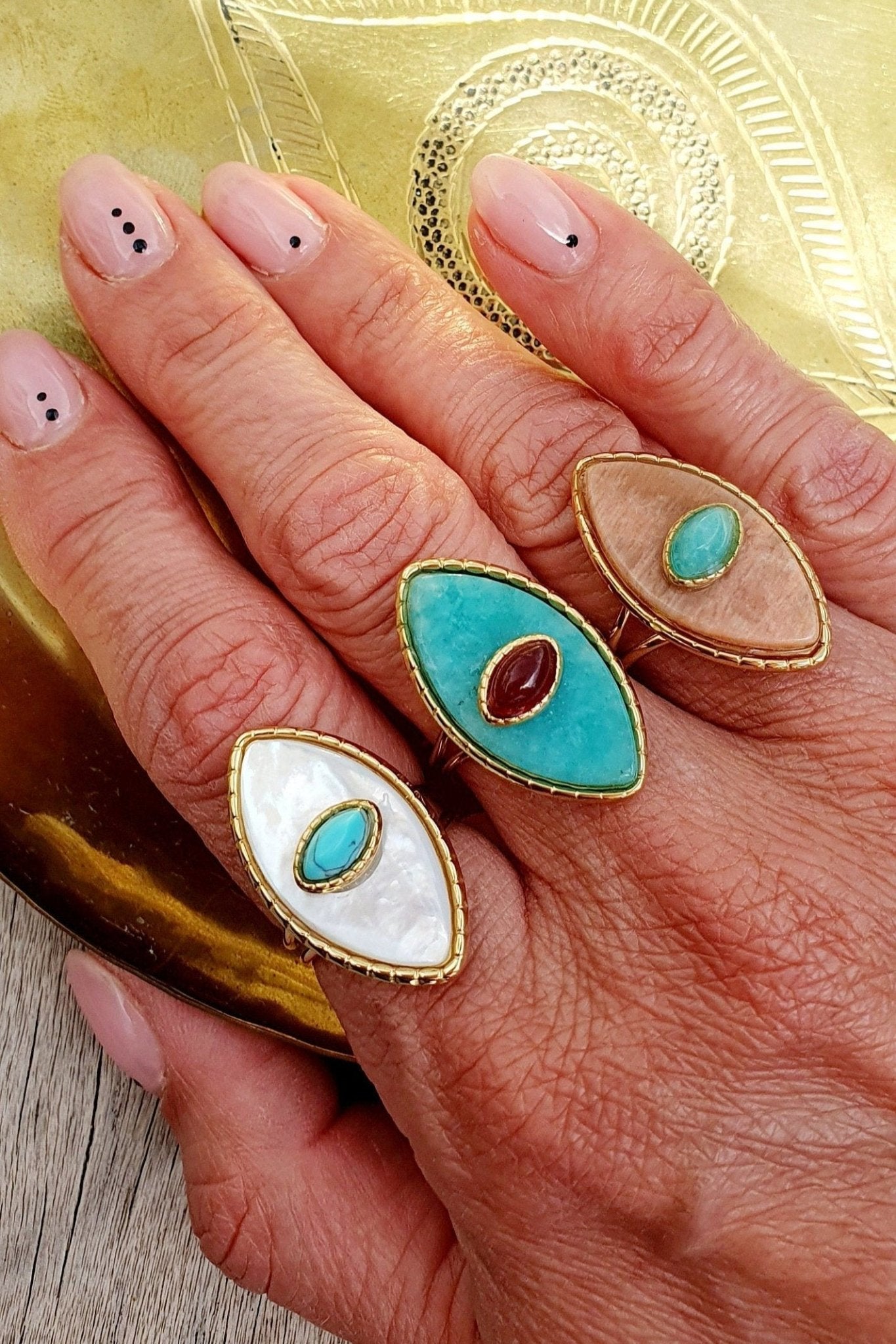 Bague Paros avec Œil - Dorée et Turquoise, Réglable, Acier Inoxydable de Haute Qualité - AlbertineAndTheSun