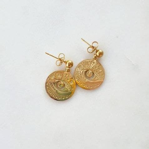 Boucles d'Oreilles Talisman Soleil et Œil - Pendentifs, Couleur Or, Protection, Acier Inoxydable - AlbertineAndTheSun