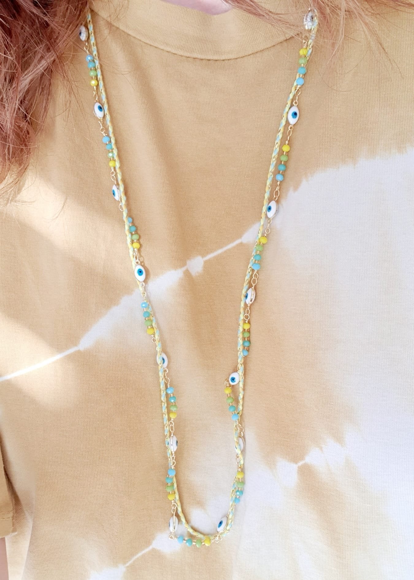 Bracelet multi - rang avec chaîne et perles - Œil de protection, acier inoxydable, réglable, vert citron, jaune, bleu et or - AlbertineAndTheSun