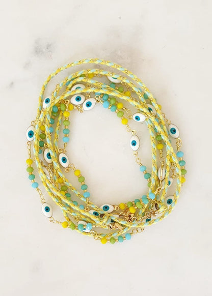 Bracelet multi - rang avec chaîne et perles - Œil de protection, acier inoxydable, réglable, vert citron, jaune, bleu et or - AlbertineAndTheSun