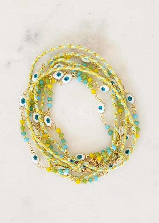 Bracelet multi - rang avec chaîne et perles - Œil de protection, acier inoxydable, réglable, vert citron, jaune, bleu et or - AlbertineAndTheSun
