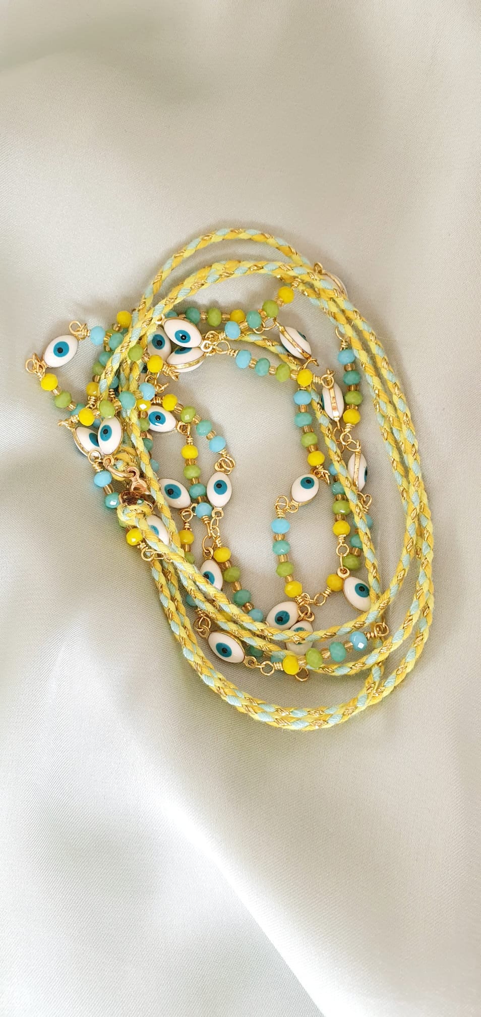 Bracelet multi - rang avec chaîne et perles - Œil de protection, acier inoxydable, réglable, vert citron, jaune, bleu et or - AlbertineAndTheSun