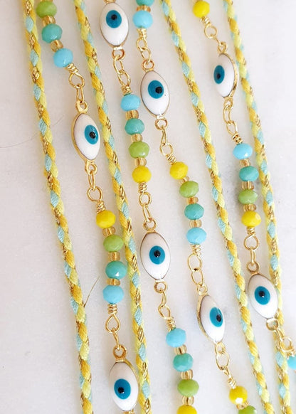 Bracelet multi - rang avec chaîne et perles - Œil de protection, acier inoxydable, réglable, vert citron, jaune, bleu et or - AlbertineAndTheSun