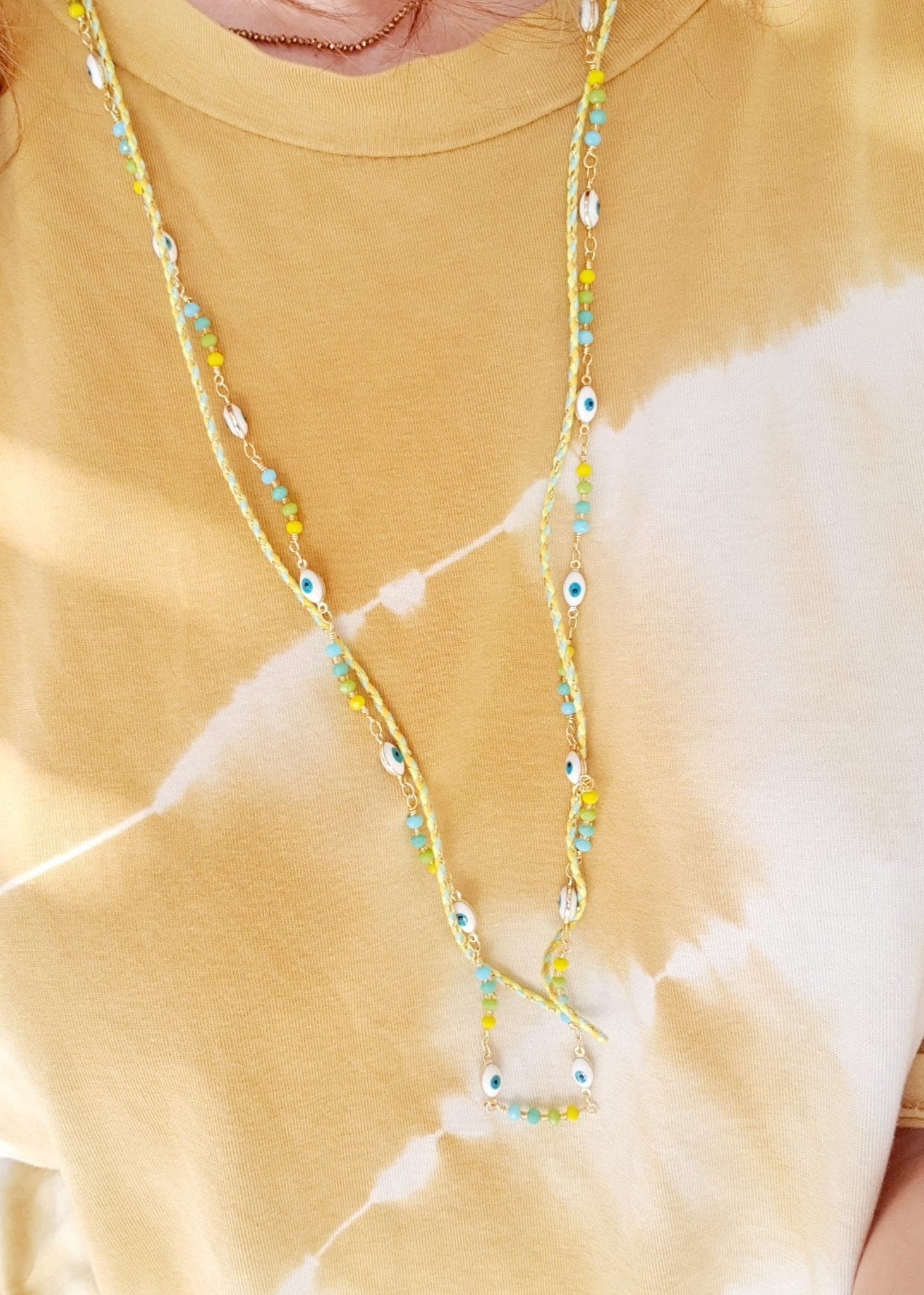 Bracelet multi - rang avec chaîne et perles - Œil de protection, acier inoxydable, réglable, vert citron, jaune, bleu et or - AlbertineAndTheSun