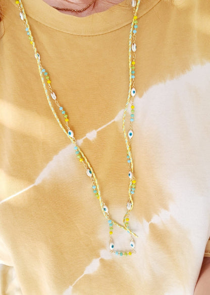 Bracelet multi - rang avec chaîne et perles - Œil de protection, acier inoxydable, réglable, vert citron, jaune, bleu et or - AlbertineAndTheSun