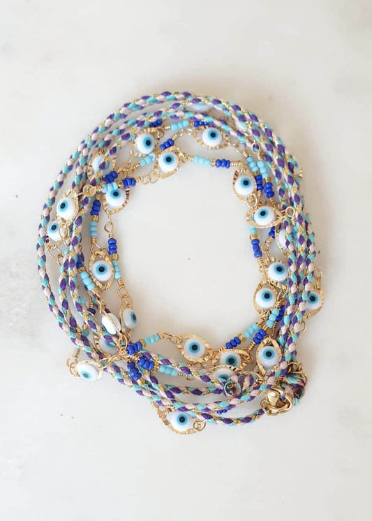 Bracelet Multi - Rang Chaîne & Cordon - Perles Bleues et Blanches, Œil de Protection, Acier Inoxydable, Réglable - AlbertineAndTheSun