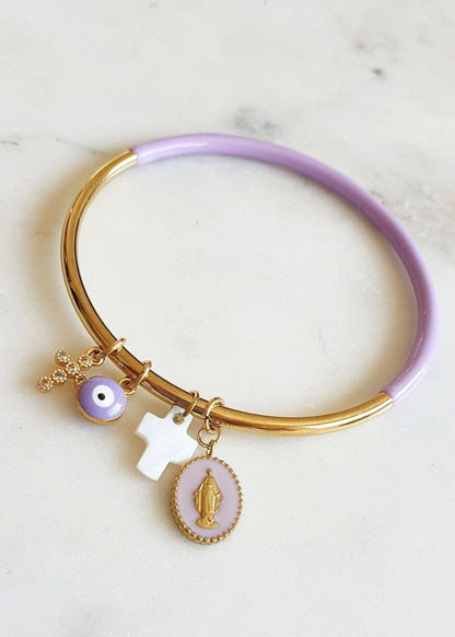Jonc de Couleur et Doré avec Pendentif Madone, Croix, Œil en Acier Inoxydable - Grigris Religieux Protecteur - AlbertineAndTheSun