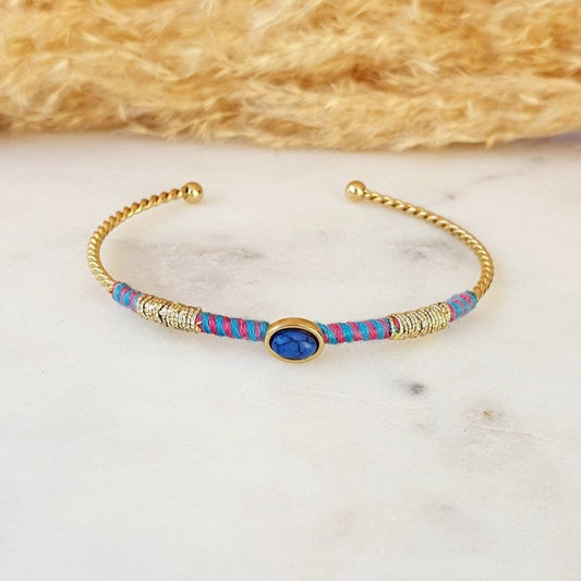 Jonc Fin Coachella - Bracelet Or avec Fil Coton Bleu Majorelle et Rouge, Ajustable, Acier Inoxydable - AlbertineAndTheSun
