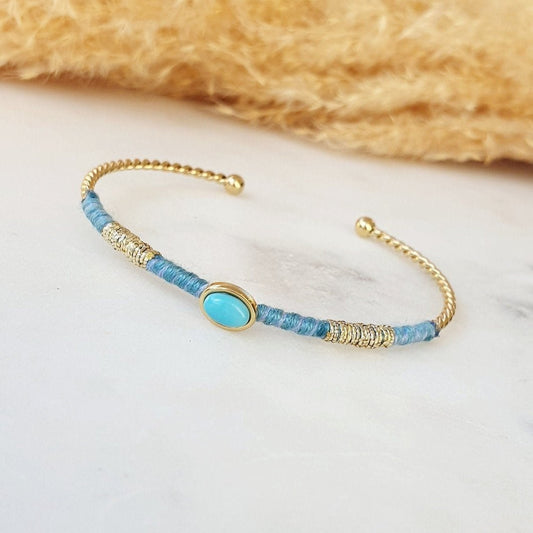 Jonc Fin Coachella - Bracelet Or avec Fil Coton Bleu Turquoise, Ajustable, Acier Inoxydable - AlbertineAndTheSun