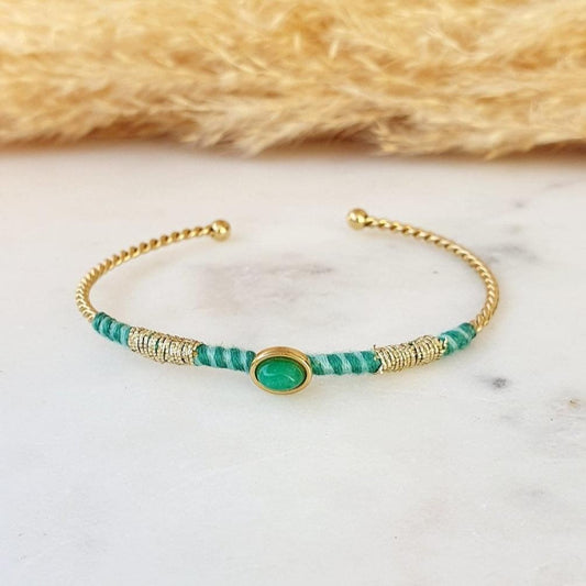 Jonc Fin Coachella - Bracelet Or avec Fil Coton Vert, Ajustable, Acier Inoxydable - AlbertineAndTheSun