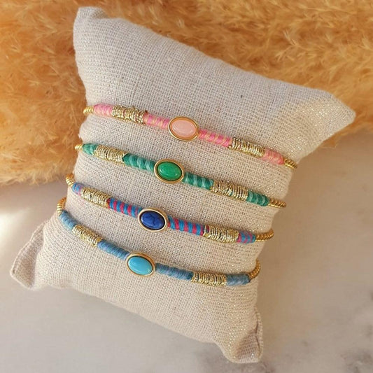 Jonc Fin Coachella - Bracelet Or avec Fil Coton Vert, Turquoise, Rose et Bleu, Ajustable, Acier Inoxydable - AlbertineAndTheSun