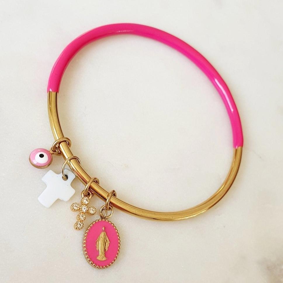 Jonc Rose Fuchsia et Doré avec Pendentif Madone, Croix, Œil en Acier Inoxydable - Grigris Religieux Protecteur - AlbertineAndTheSun