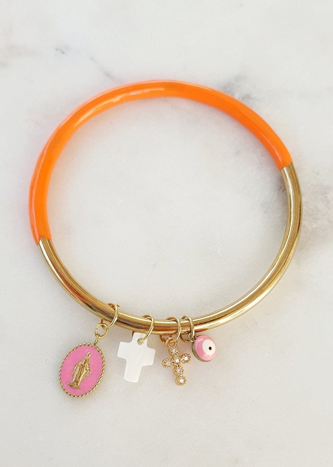 Jonc Rose Fuchsia et Doré avec Pendentif Madone, Croix, Œil en Acier Inoxydable - Grigris Religieux Protecteur - AlbertineAndTheSun