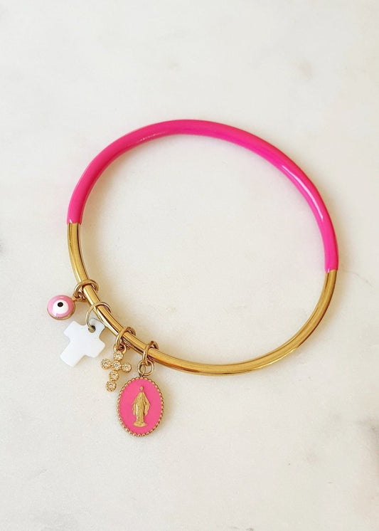 Jonc Rose Fuchsia et Doré avec Pendentif Madone, Croix, Œil en Acier Inoxydable - Grigris Religieux Protecteur - AlbertineAndTheSun
