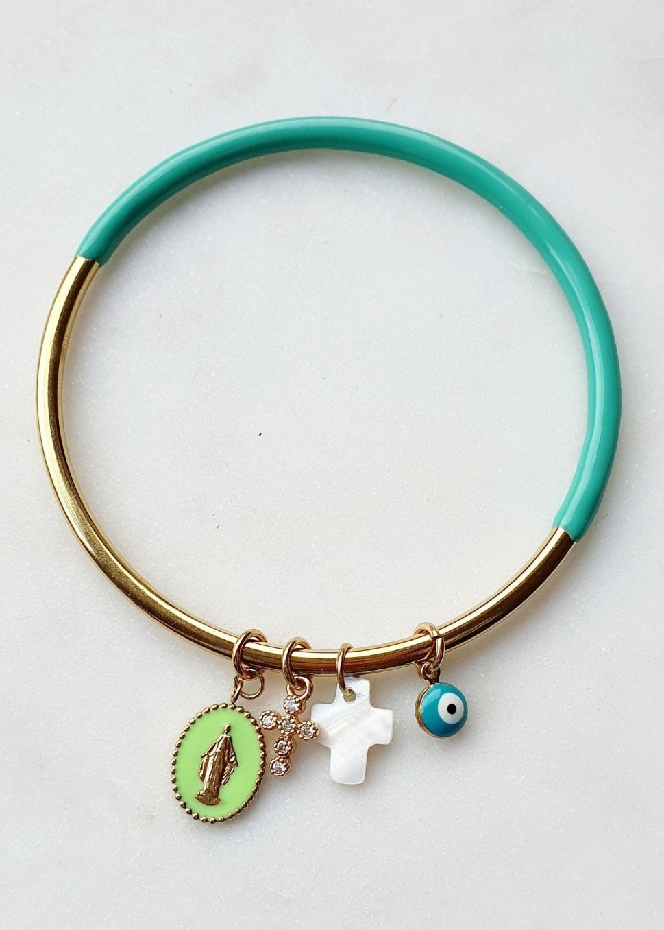 Jonc Turquoise et Doré avec Pendentif Madone, Croix, Œil en Acier Inoxydable - Grigris Religieux Protecteur - AlbertineAndTheSun