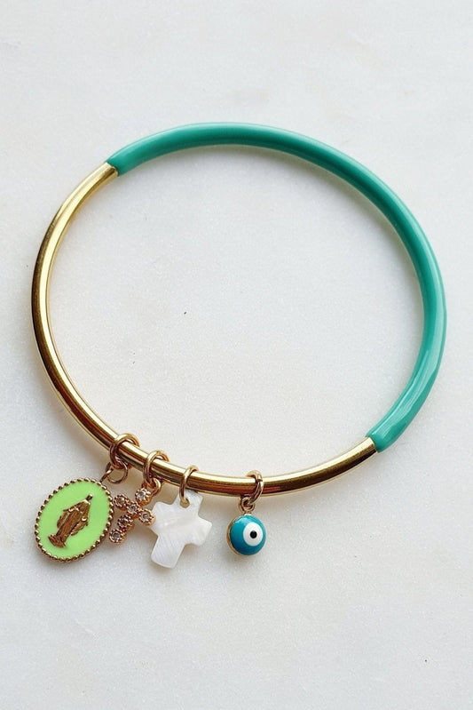 Jonc Turquoise et Doré avec Pendentif Madone, Croix, Œil en Acier Inoxydable - Grigris Religieux Protecteur - AlbertineAndTheSun